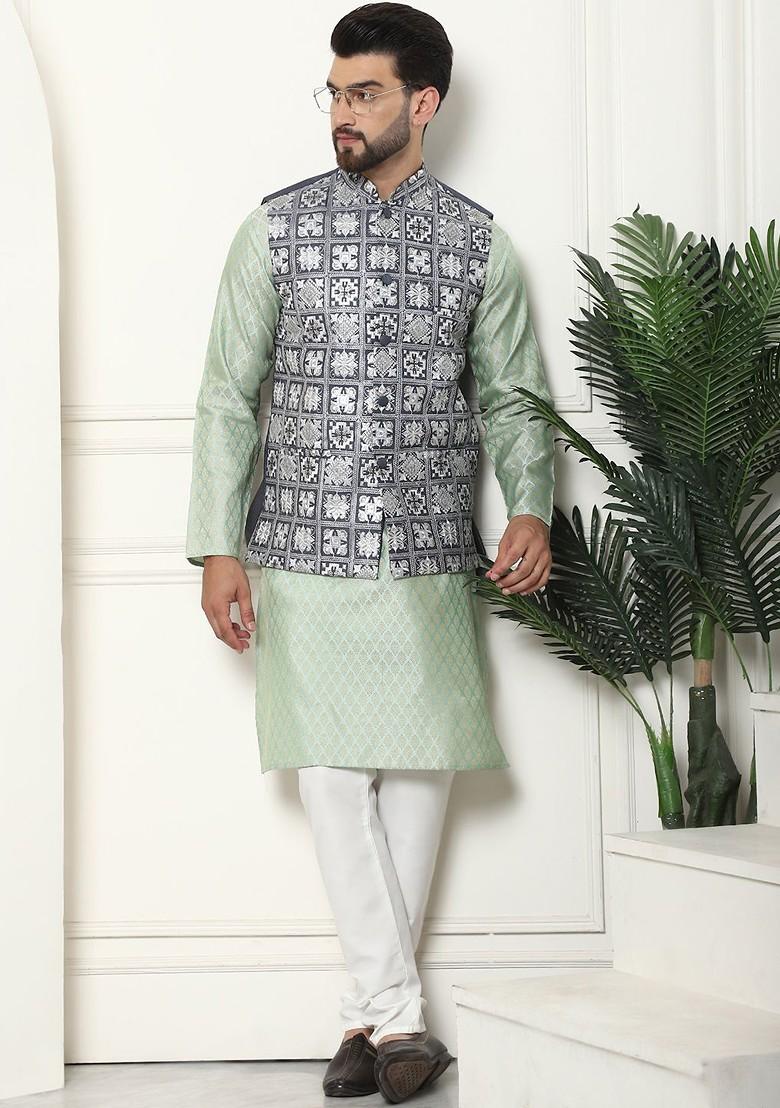 Green Thread Work Poly Blend Kurta Set For Men