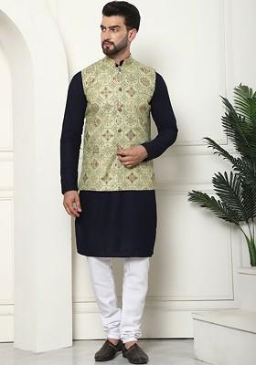 Navy Blue Solid Cotton Kurta Set For Men