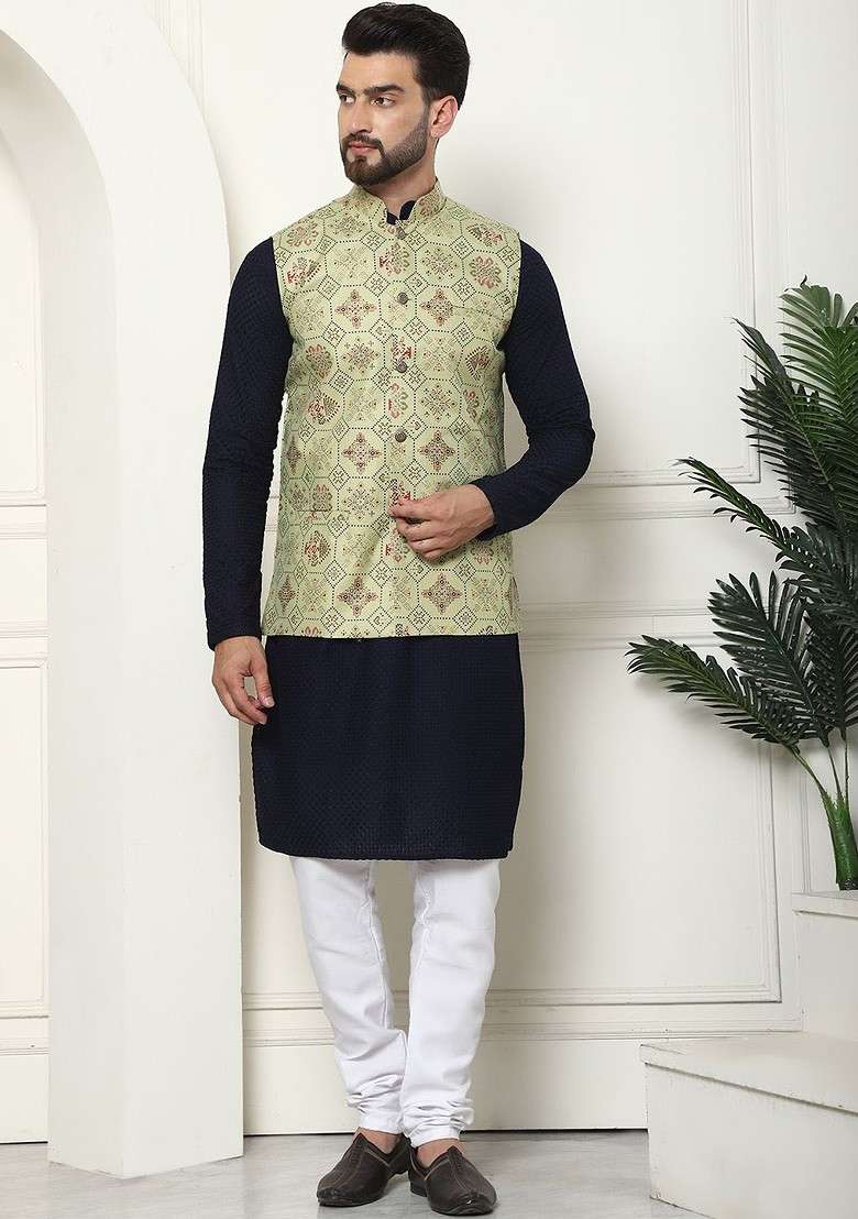 Navy Blue Solid Cotton Kurta Set For Men - Indya