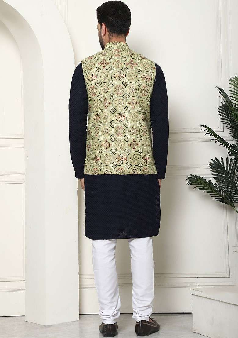 Navy Blue Solid Cotton Kurta Set For Men - Indya