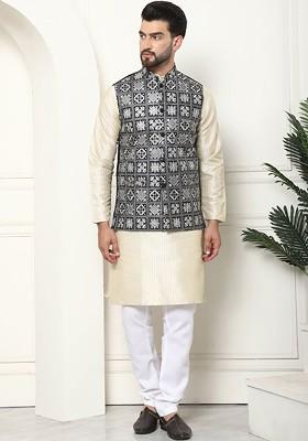 Cream Thread Work Poly Blend Kurta Set For Men