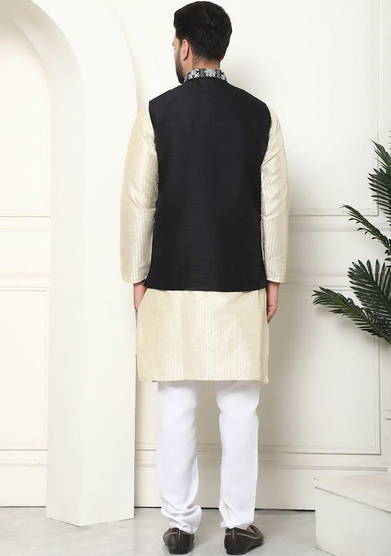 Cream Thread Work Poly Blend Kurta Set For Men