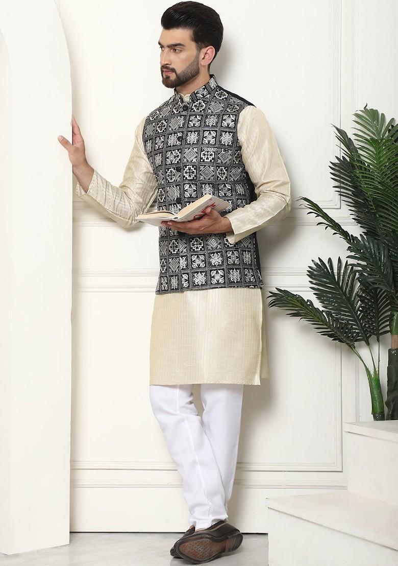 Cream Thread Work Poly Blend Kurta Set For Men