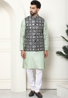 Green Thread Work Poly Blend Kurta Set For Men