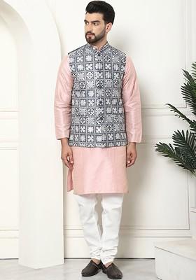 Pink Thread Work Poly Blend Kurta Set For Men