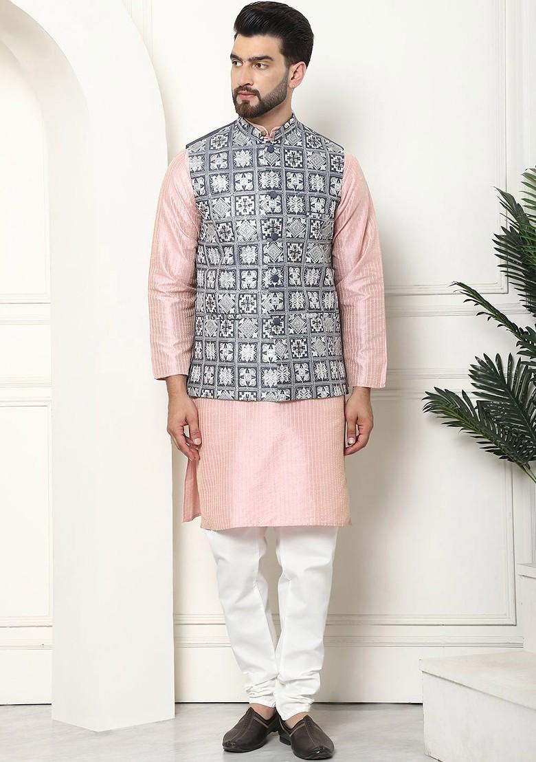 Pink Thread Work Poly Blend Kurta Set For Men