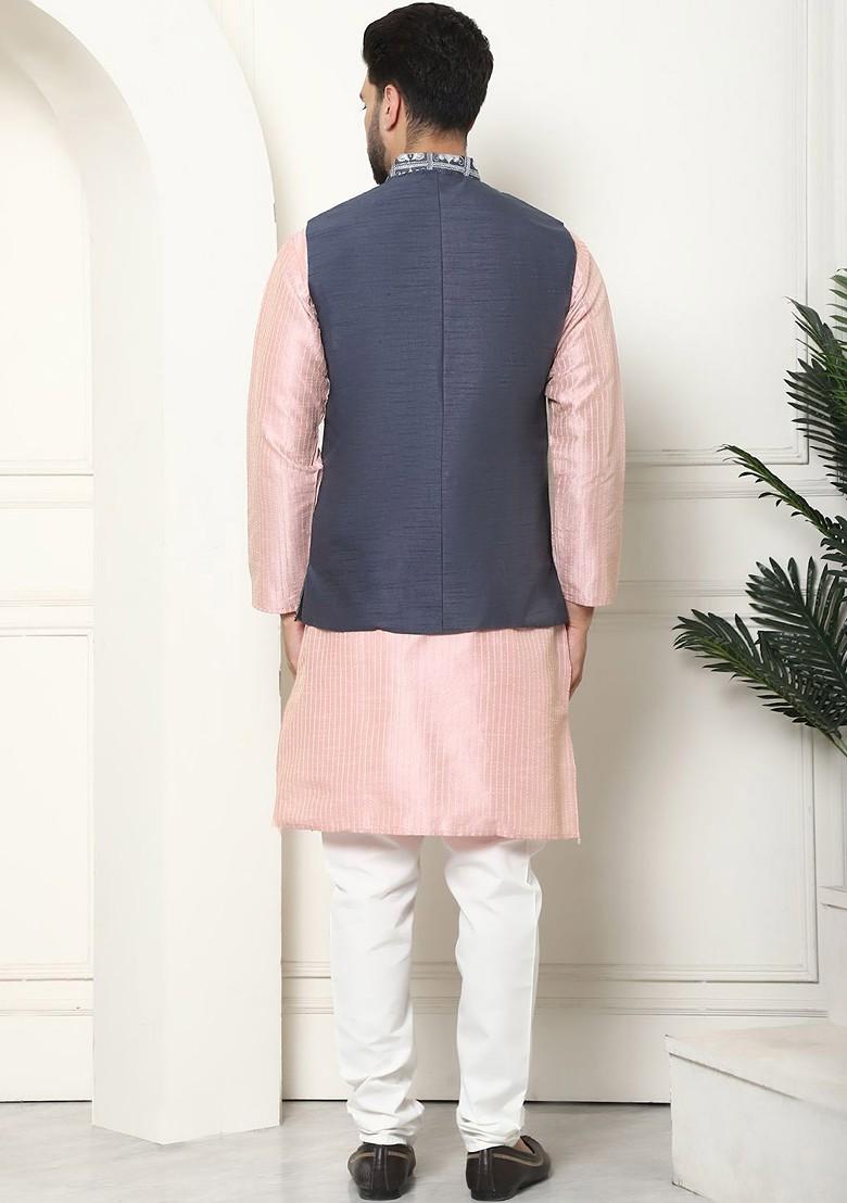 Pink Thread Work Poly Blend Kurta Set For Men