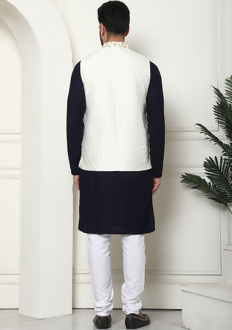 White Embroidered Poly Blend Kurta Set For Men