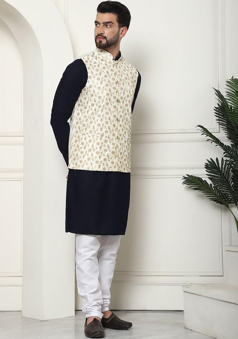 White Embroidered Poly Blend Kurta Set For Men