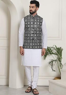 White Thread Work Cotton Kurta Set For Men