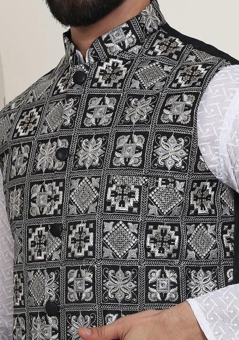 White Thread Work Cotton Kurta Set For Men