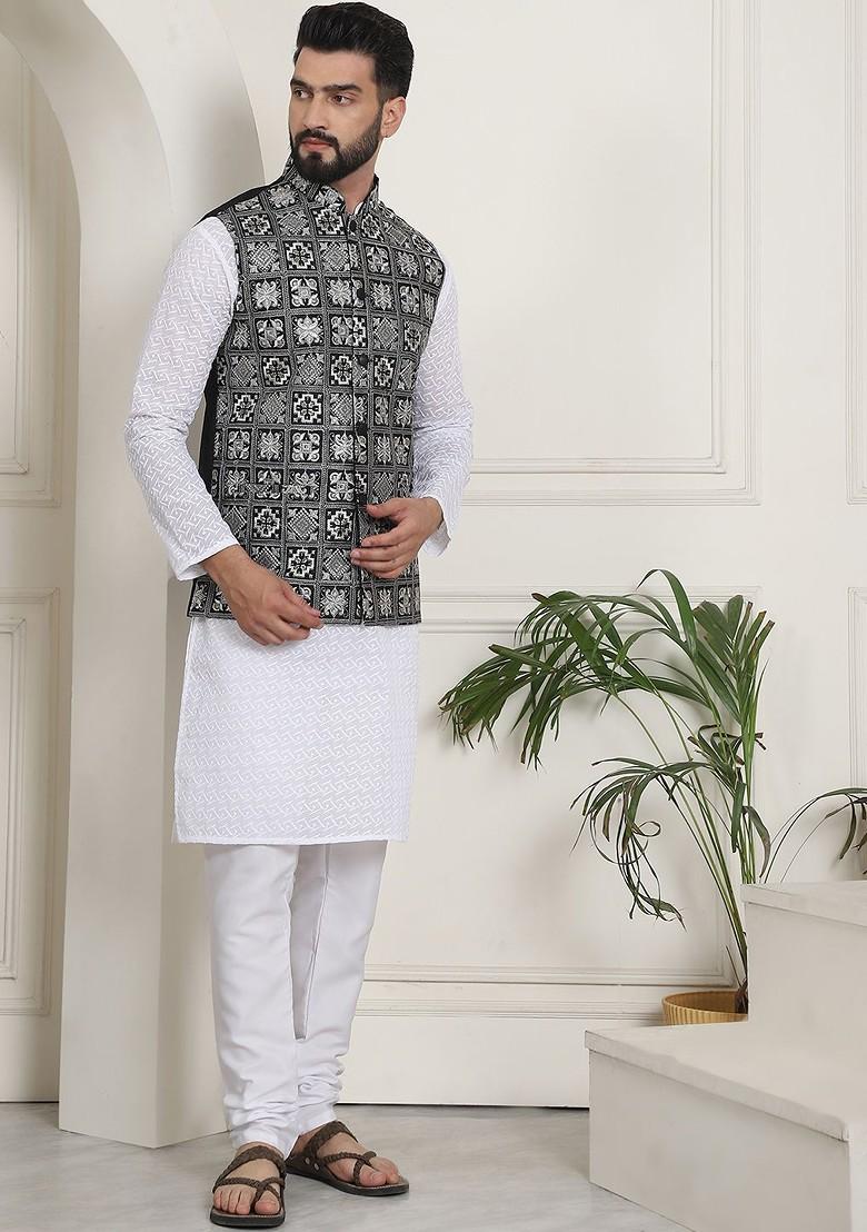 White Thread Work Cotton Kurta Set For Men
