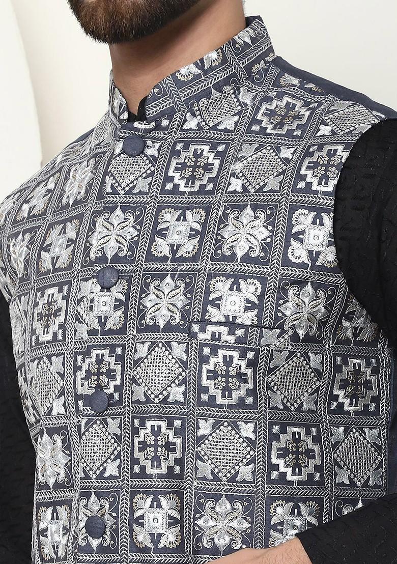 Black Embroidered Cotton Kurta Set For Men