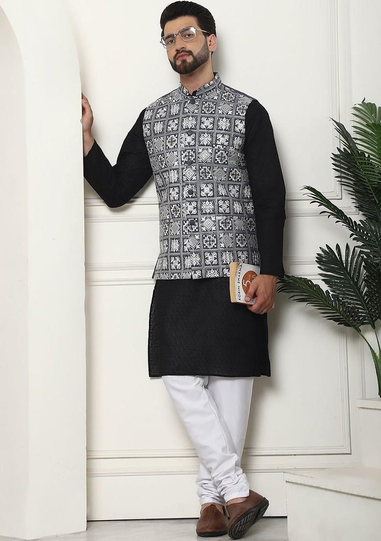 Black Embroidered Cotton Kurta Set For Men