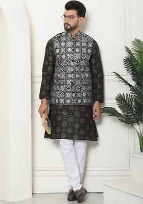 Black Printed Poly Blend Kurta Set For Men