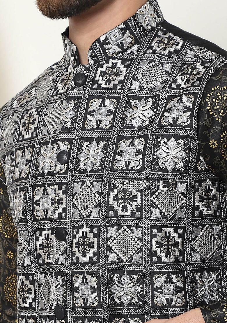 Black Printed Poly Blend Kurta Set For Men