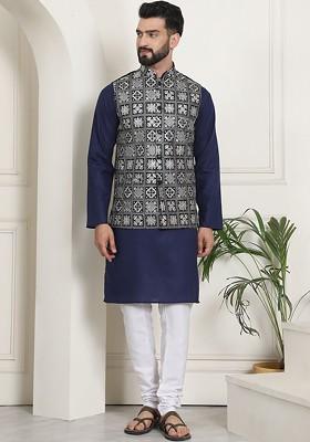 Navy Blue Solid Cotton Kurta Set For Men