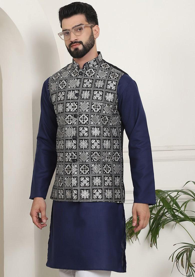 Navy Blue Solid Cotton Kurta Set For Men