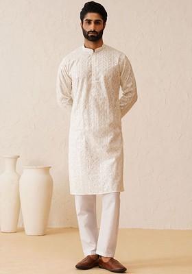 White Thread Work Poly Blend Kurta Set For Men