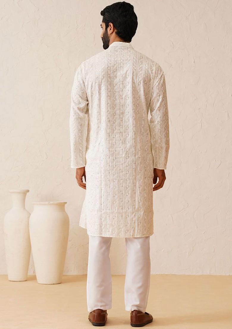 White Thread Work Poly Blend Kurta Set For Men