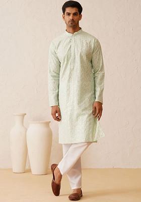 Sea Green Thread Work Poly Blend Kurta Set For Men