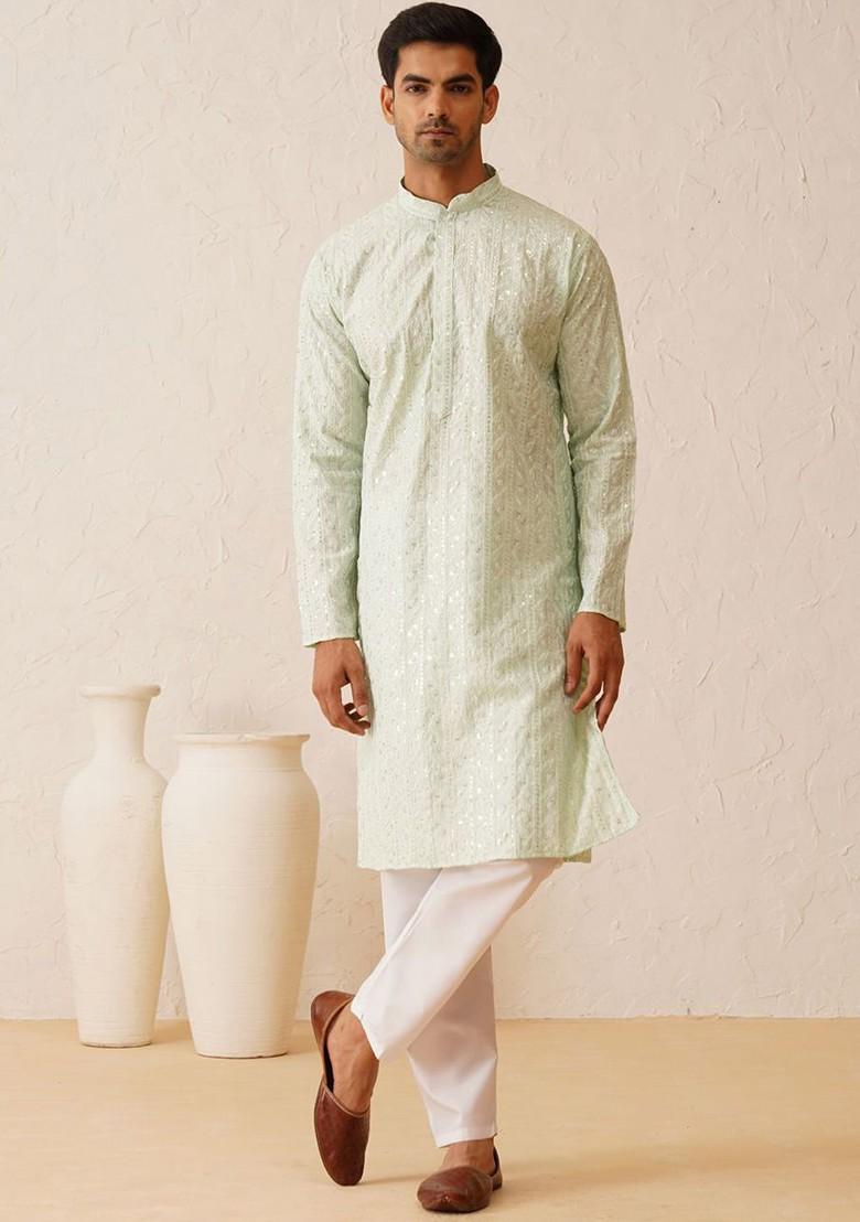 Sea Green Thread Work Poly Blend Kurta Set For Men