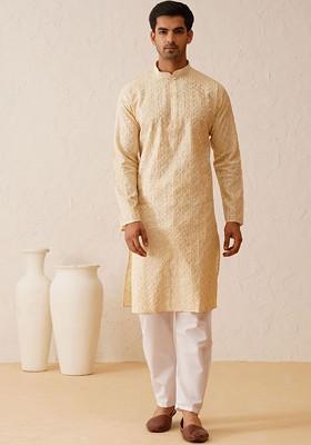 Beige Thread Work Cotton Kurta Set For Men
