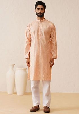 Peach Thread Work Poly Blend Kurta Set For Men