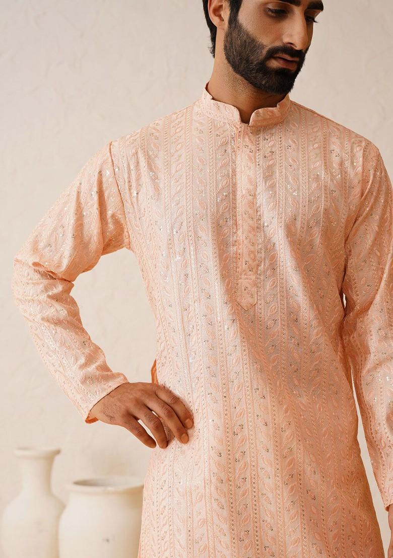 Peach Thread Work Poly Blend Kurta Set For Men