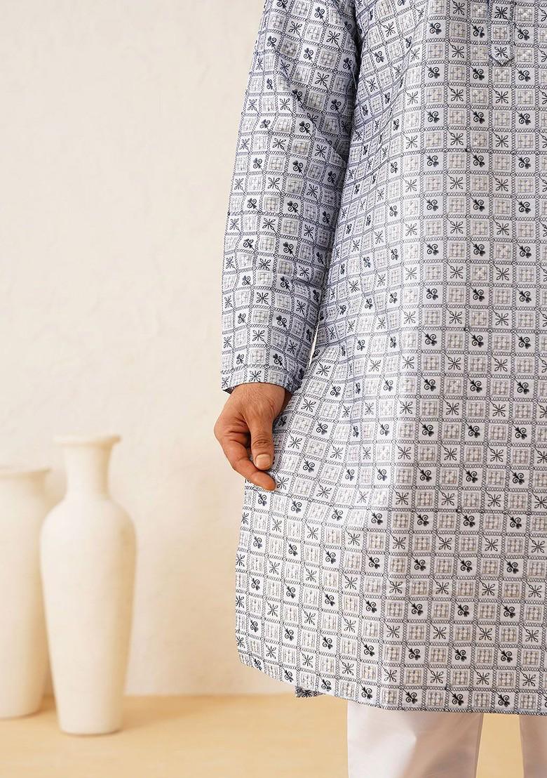 Blue Embroidered Cotton Kurta Set For Men