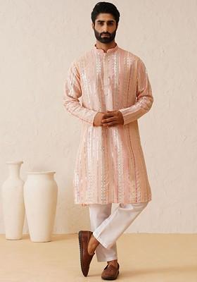 Pink Embroidered Poly Blend Kurta Set For Men
