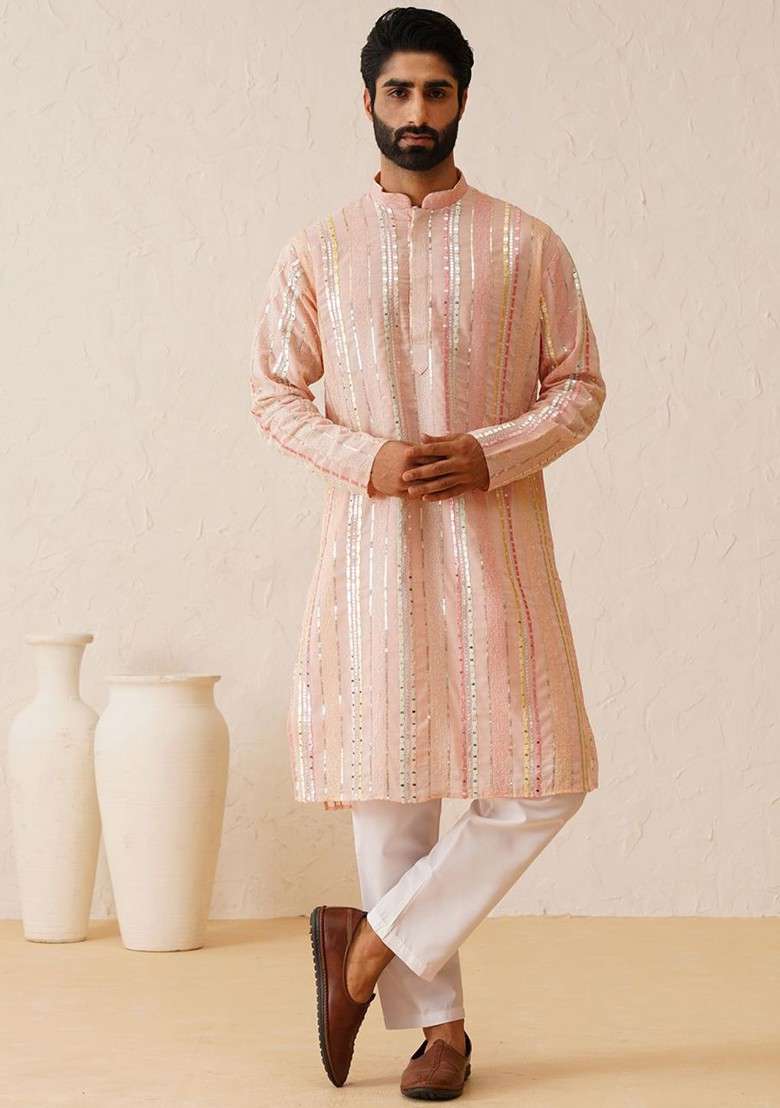 Pink Embroidered Poly Blend Kurta Set For Men - Indya