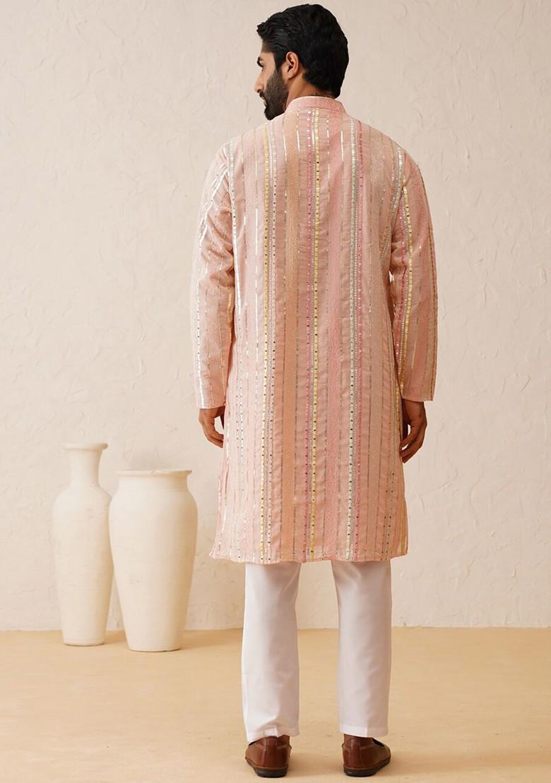 Pink Embroidered Poly Blend Kurta Set For Men