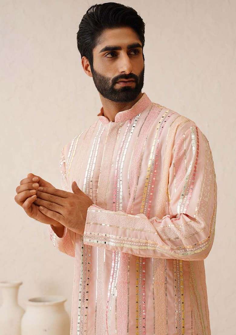 Pink Embroidered Poly Blend Kurta Set For Men - Indya