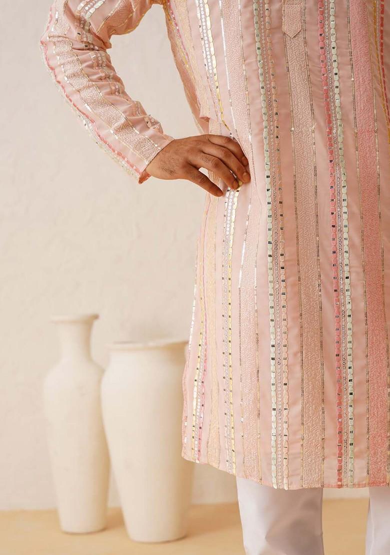 Pink Embroidered Poly Blend Kurta Set For Men