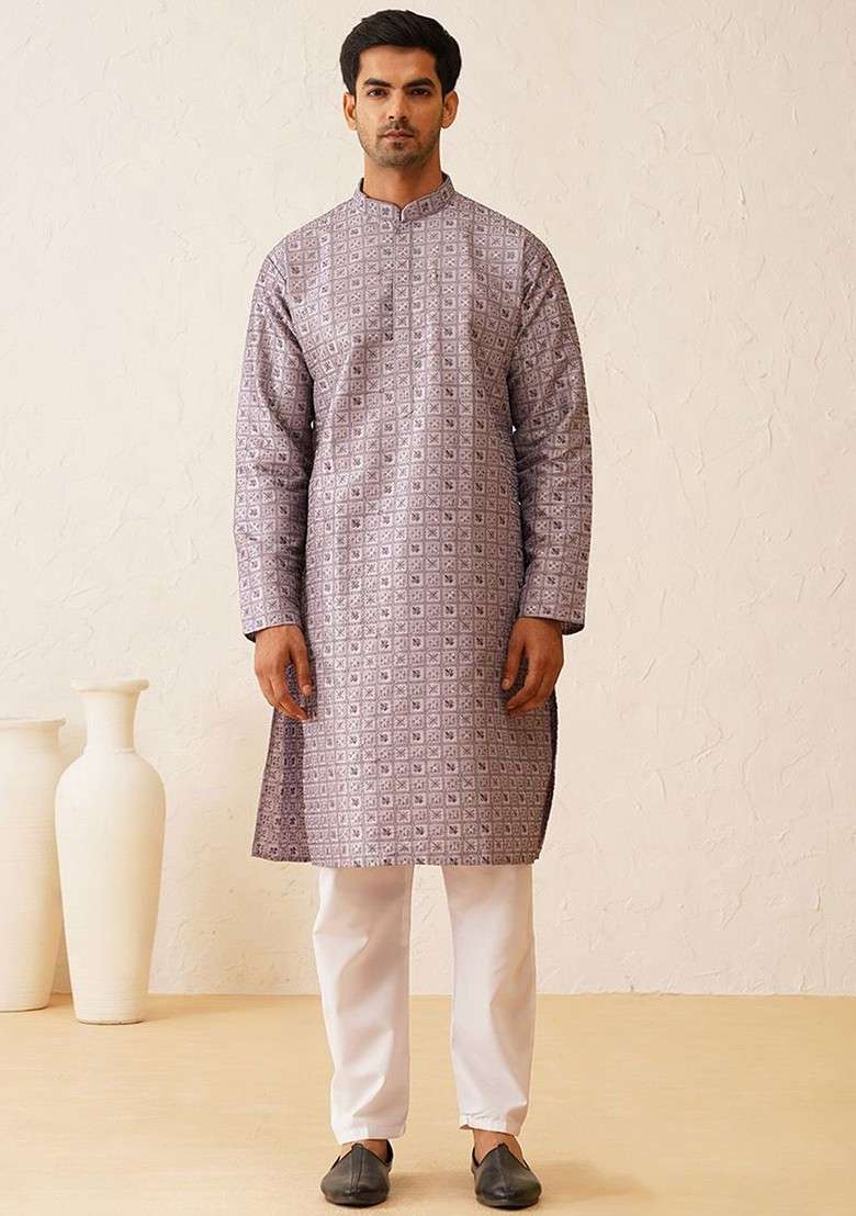Purple Thread Work Cotton Kurta Set For Men - Indya