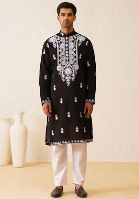Black Thread Work Cotton Kurta Set For Men