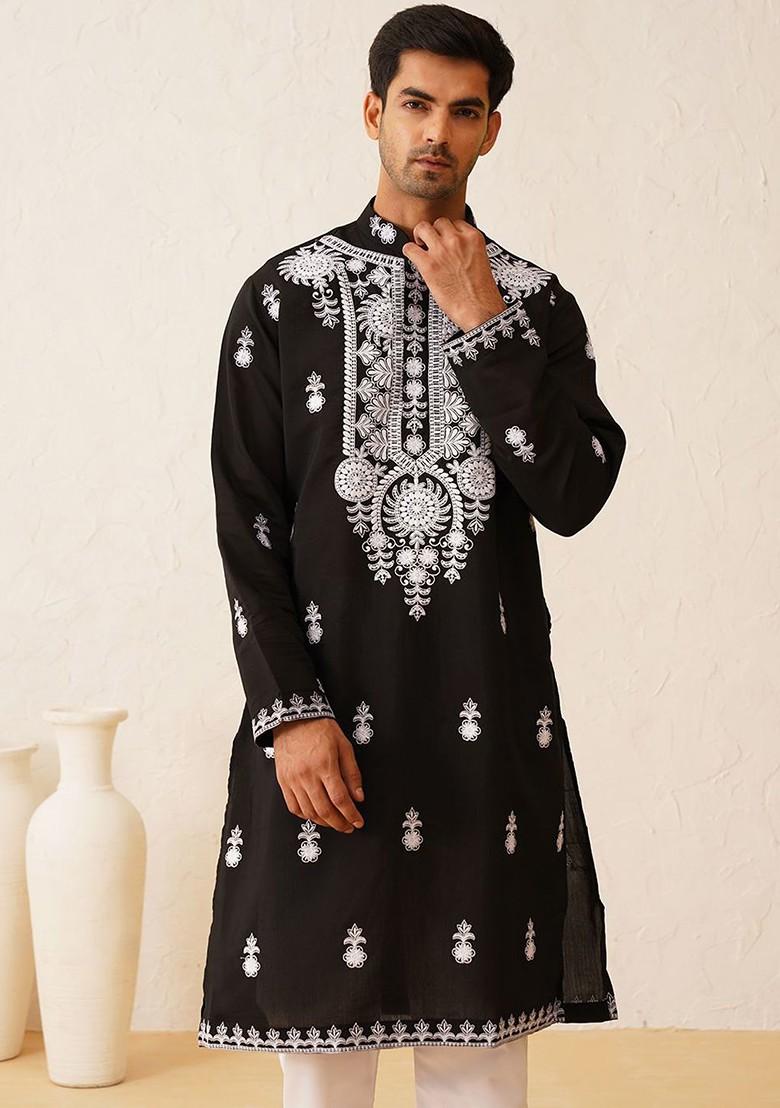 Black Thread Work Cotton Kurta Set For Men
