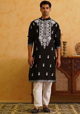 Black Thread Work Cotton Kurta Set For Men