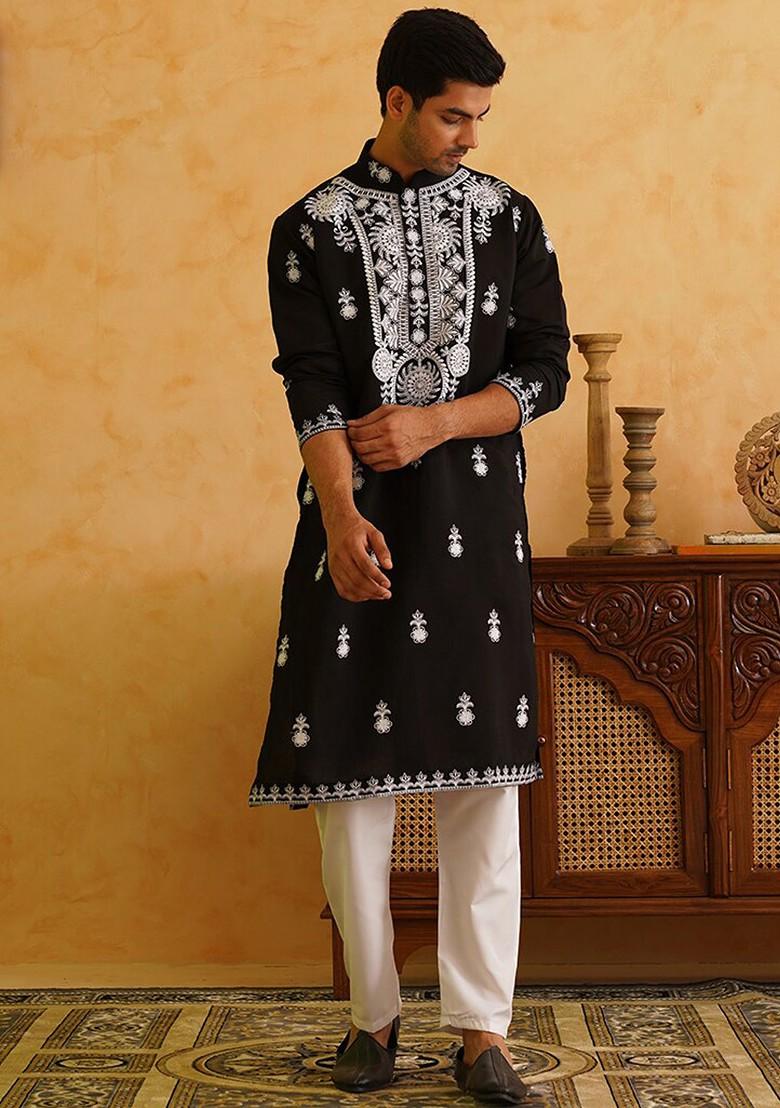 Black Thread Work Cotton Kurta Set For Men