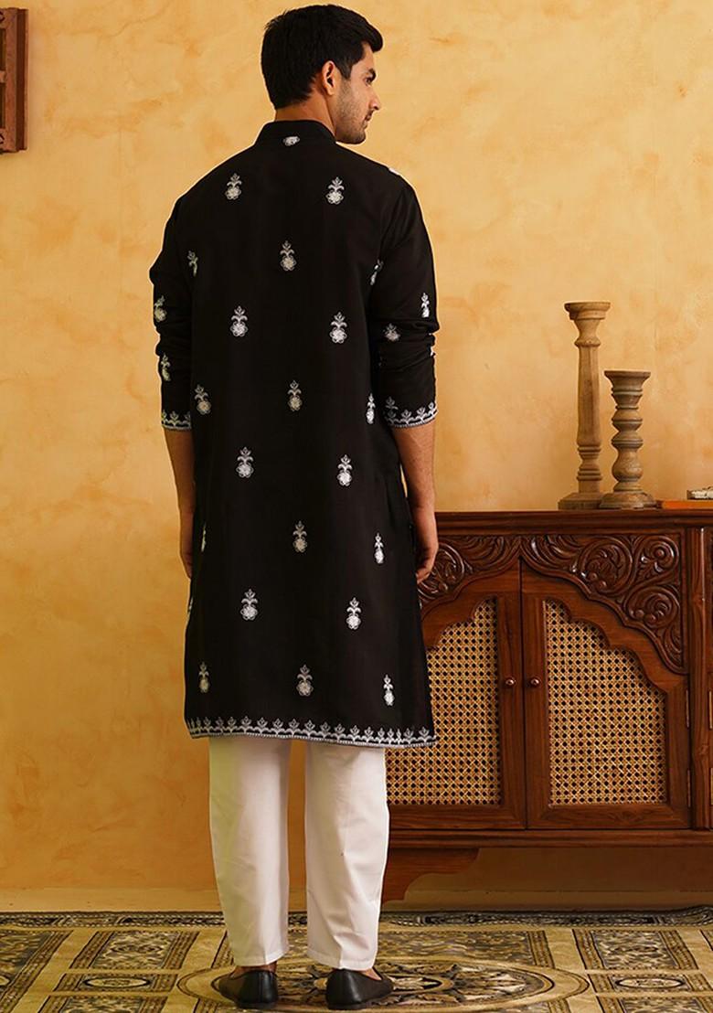 Black Thread Work Cotton Kurta Set For Men