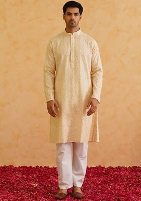 Beige Embroidered Poly Blend Kurta Set For Men