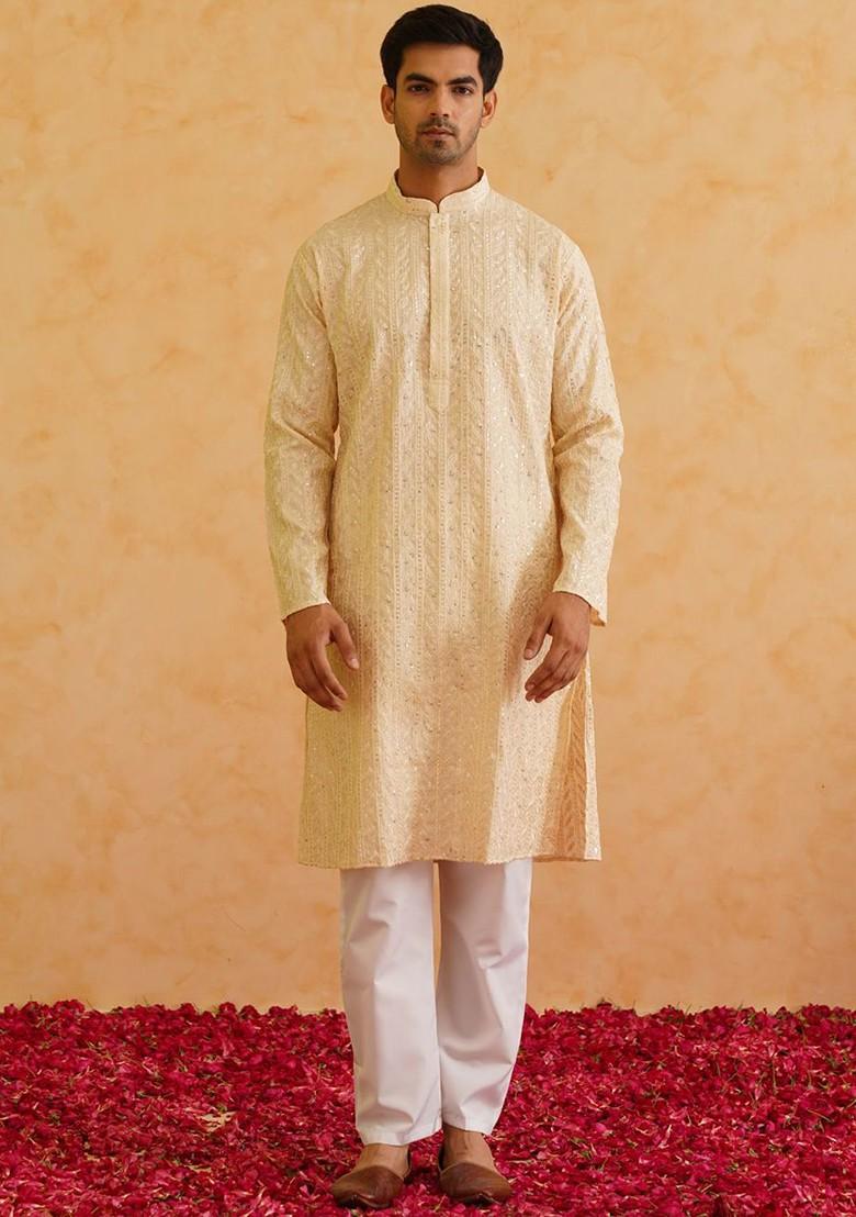 Beige Embroidered Poly Blend Kurta Set For Men