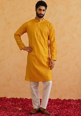 Mustard Thread Work Cotton Kurta Set For Men