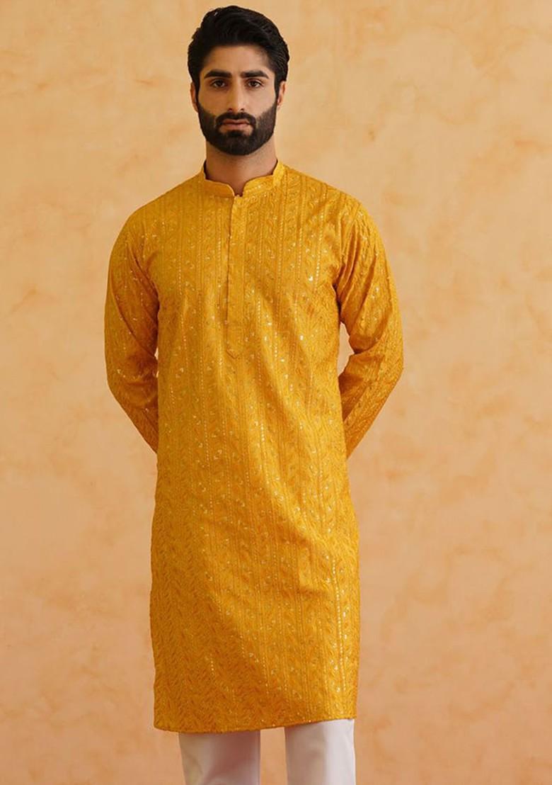 Mustard Thread Work Cotton Kurta Set For Men