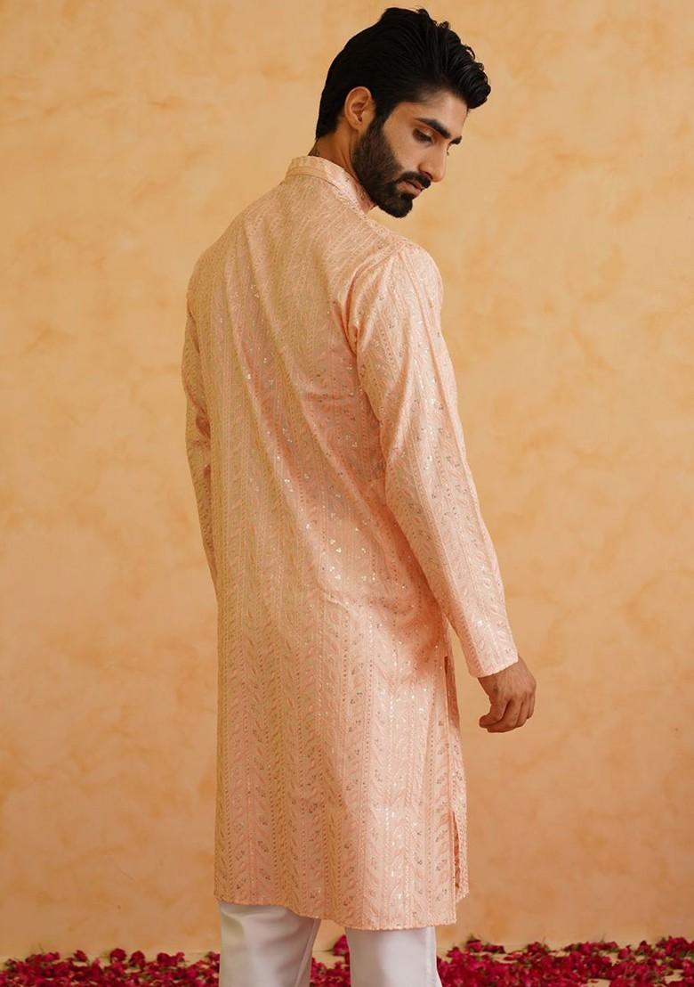 Peach Embroidered Cotton Kurta Set For Men