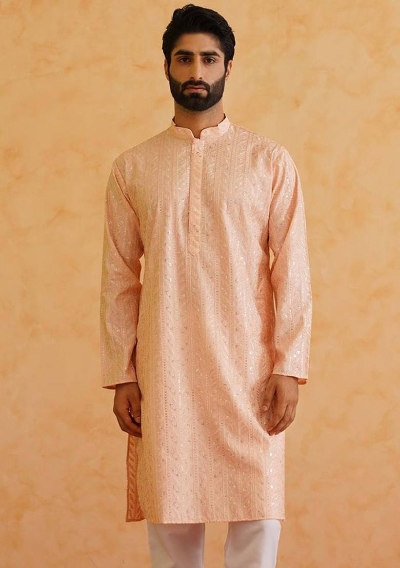 Peach Embroidered Cotton Kurta Set For Men