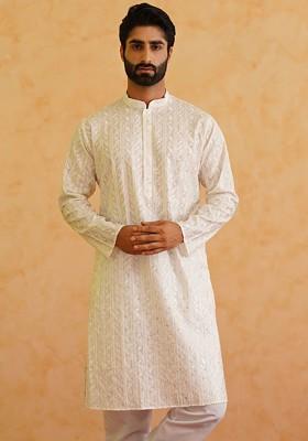 White Thread Work Poly Blend Kurta Set For Men