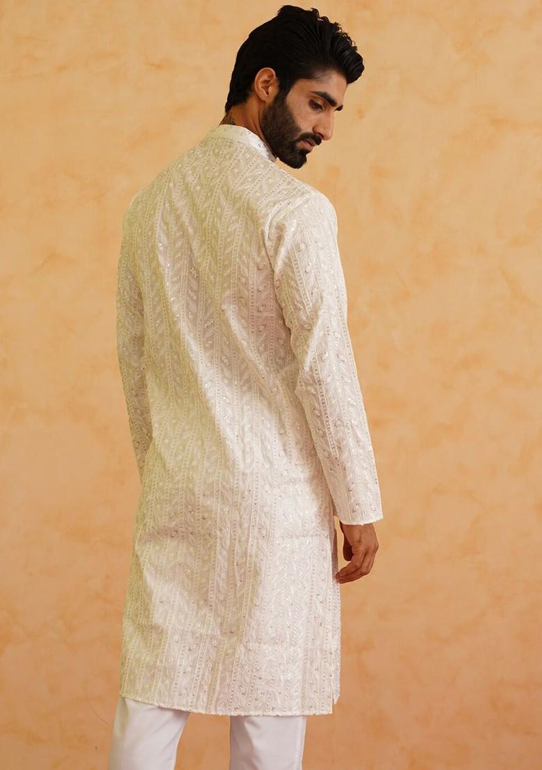 White Thread Work Poly Blend Kurta Set For Men