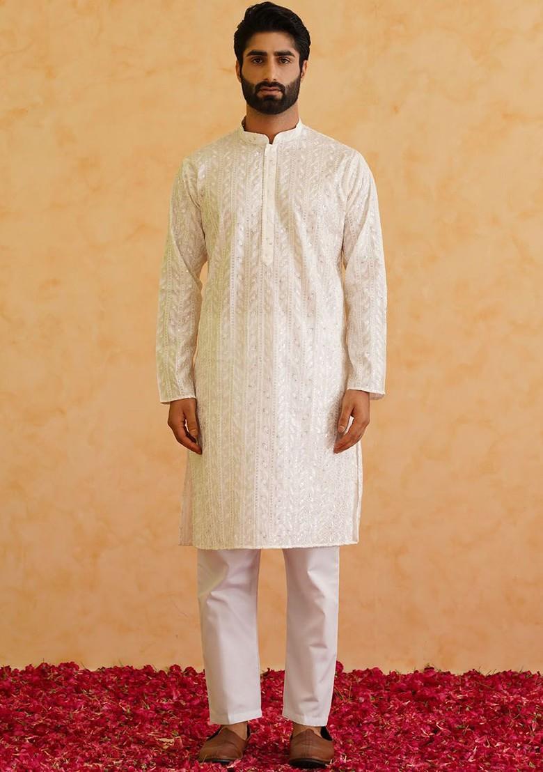 White Thread Work Poly Blend Kurta Set For Men